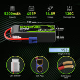 Lot de 2 batteries Lipo OVONIC 4S 5 200 mAh 130 C 14,8 V avec prise EC5 pour véhicules RC 1/10 1/8, voitures, camions RC